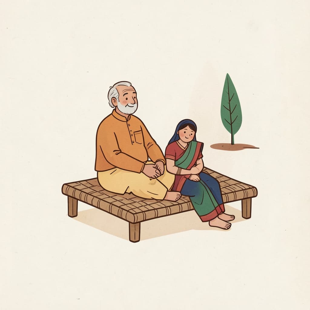 An old man resting at home, sitting on a woven cot.