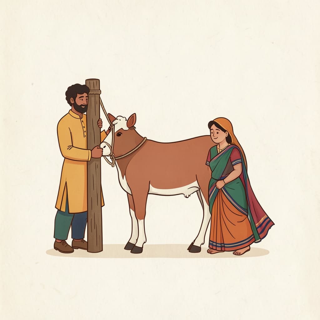 बंध (बाँधना · to tie): A farmer tying a cow to a wooden post with a rope.
