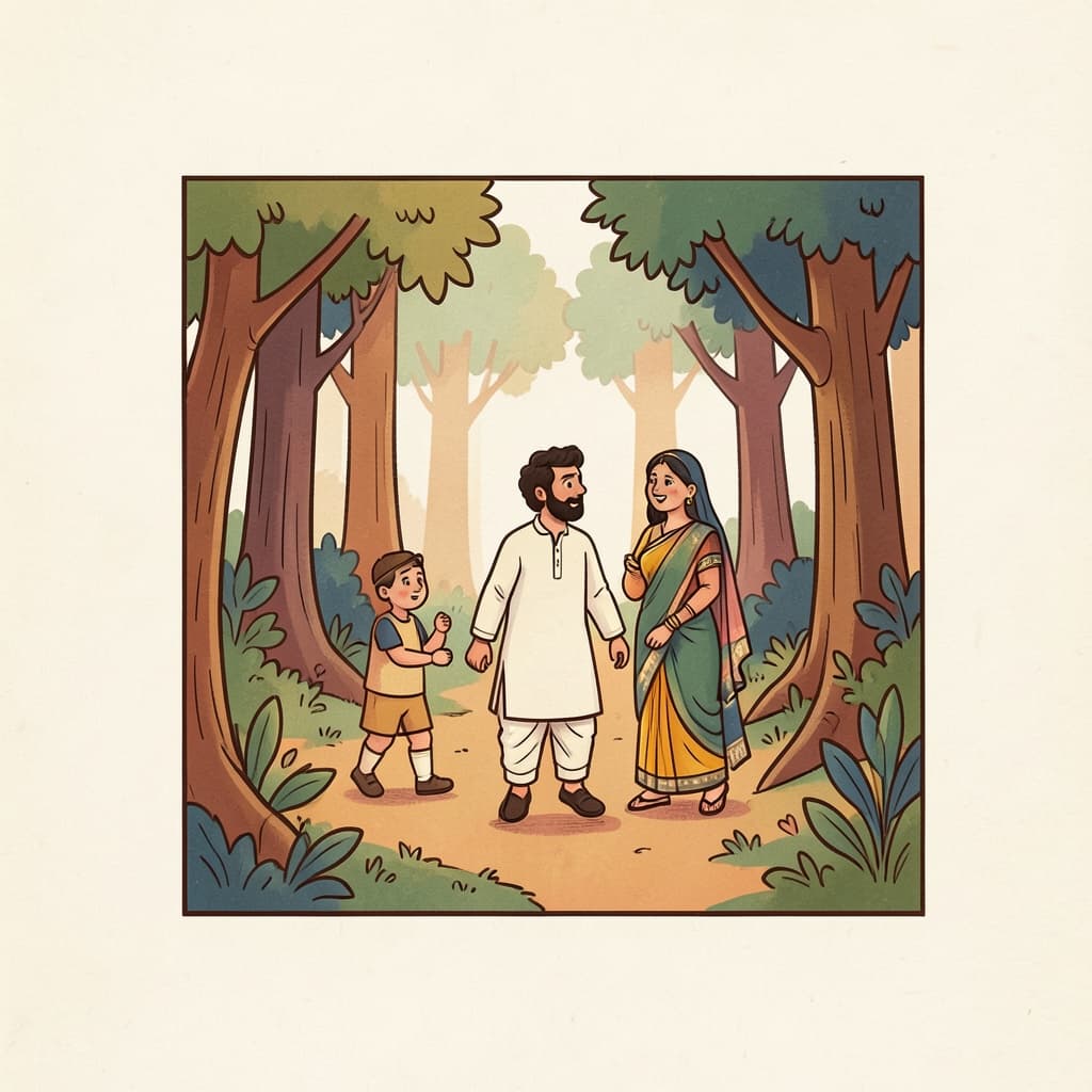 A wanderer roaming through a forest, looking around curiously.