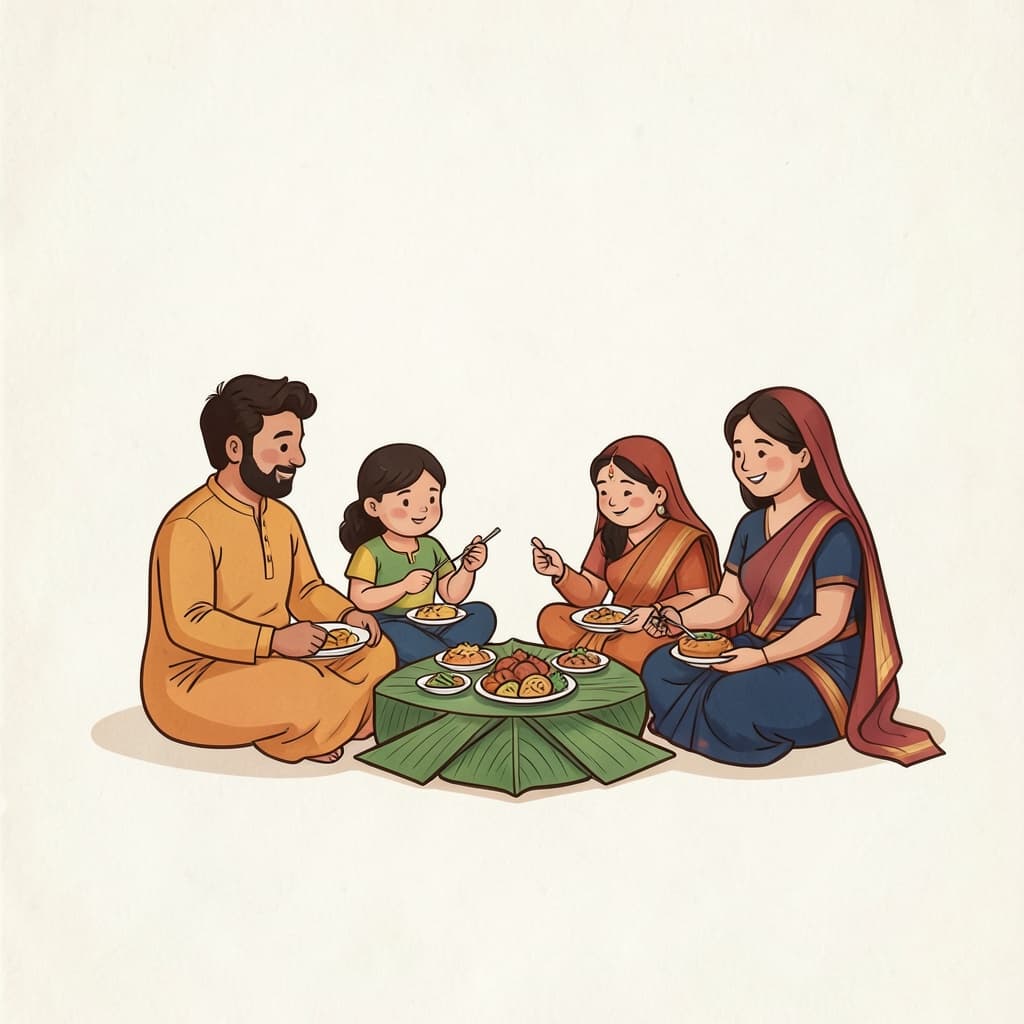 भुंज (भोजन करना · to eat): A family sitting on the floor eating a meal from banana leaves.