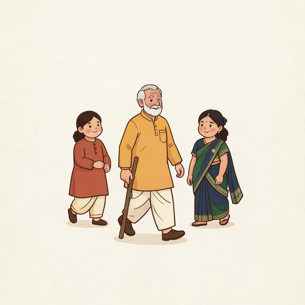An old man walking slowly with a wooden stick.
