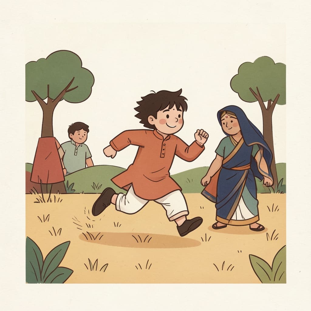 A boy running fast across a field, hair flying.