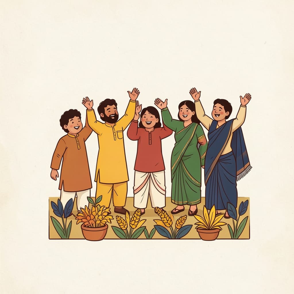 Villagers rejoicing with raised hands at a golden harvest.