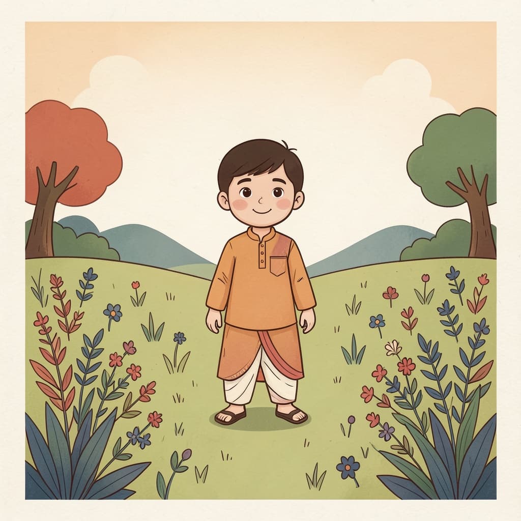 A calm child standing in a sunny meadow.