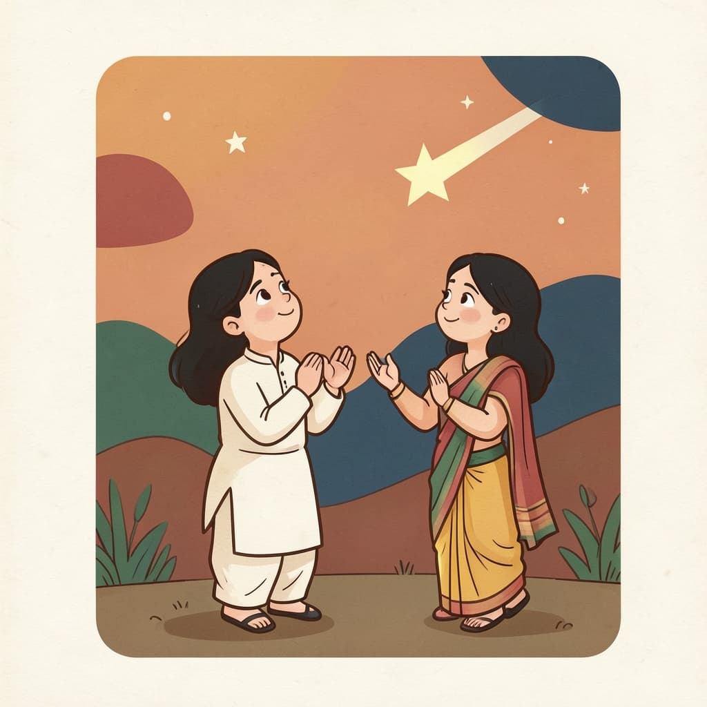 A girl with clasped hands looking up hopefully at a shooting star in the evening sky.