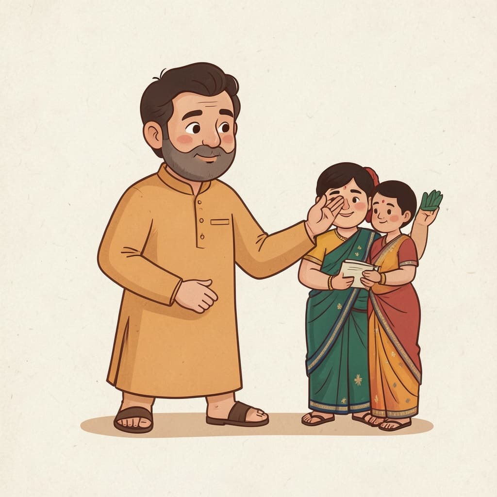 A wise teacher calmly explaining, one hand raised, an open palm-leaf manuscript beside him.