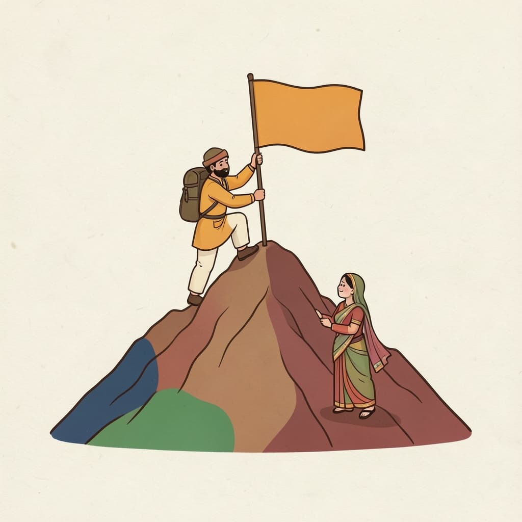 जिण (जीतना · to conquer): A climber planting a plain saffron flag on top of a mountain peak.