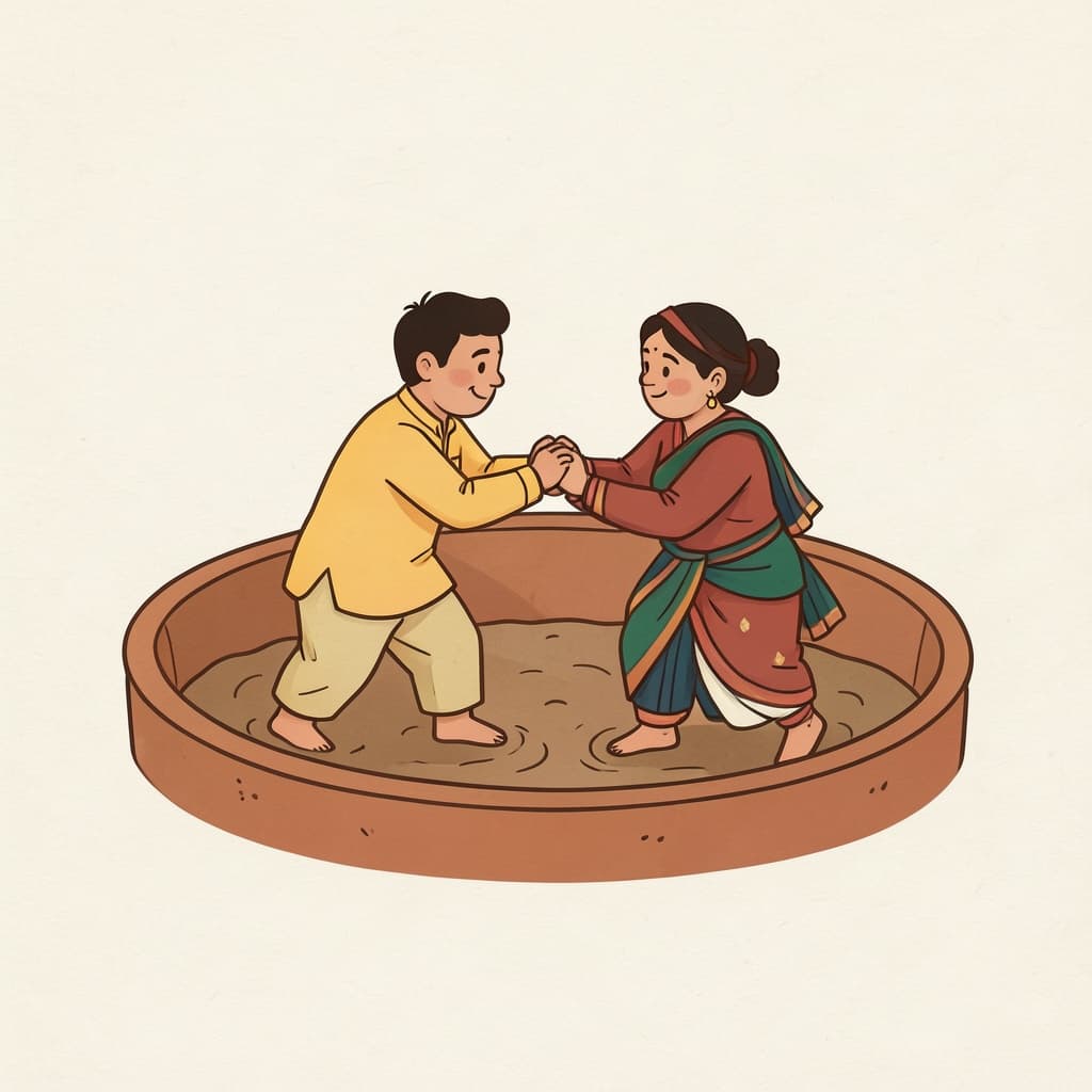 Two wrestlers grappling in a mud wrestling pit.