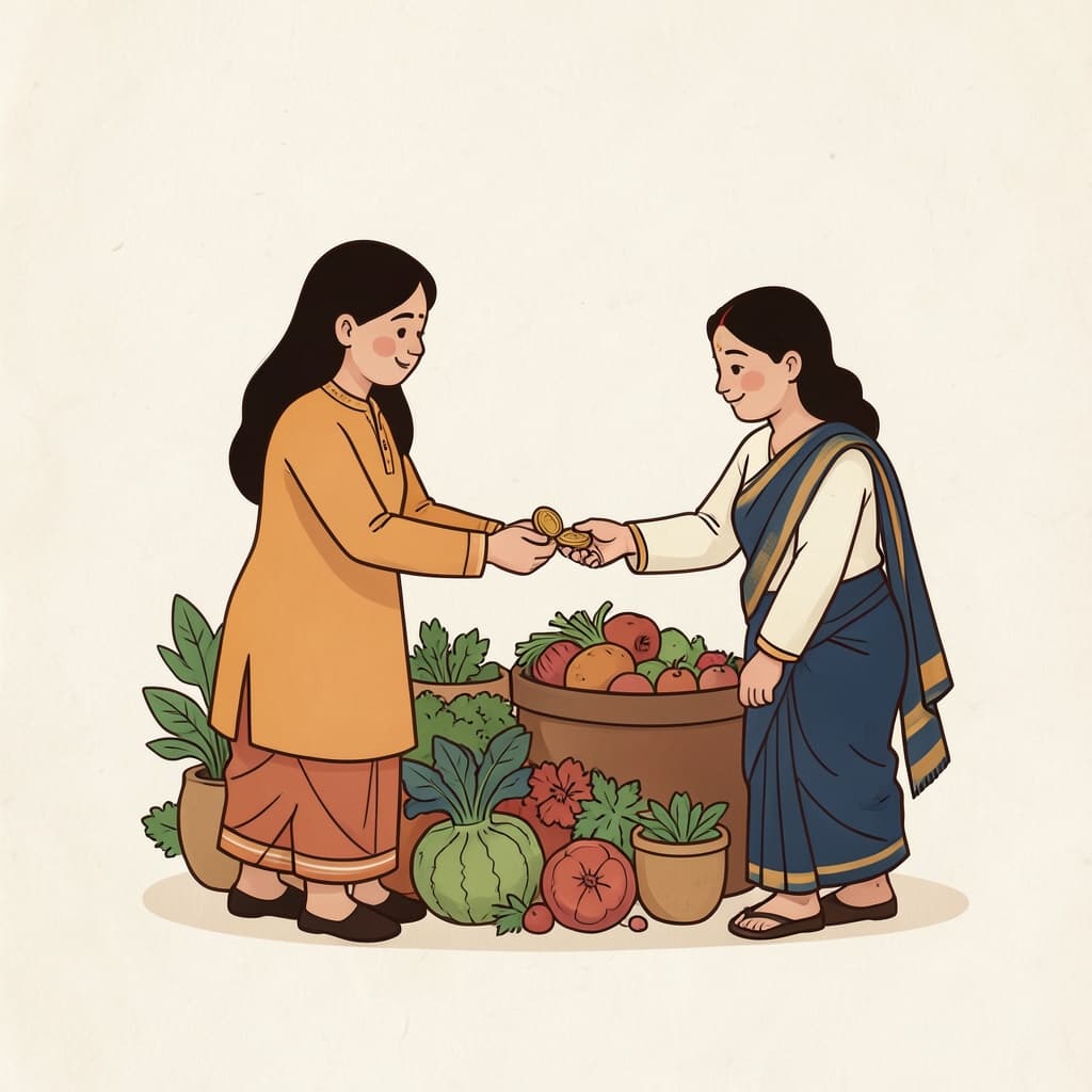 A woman buying vegetables, handing coins to a vendor.