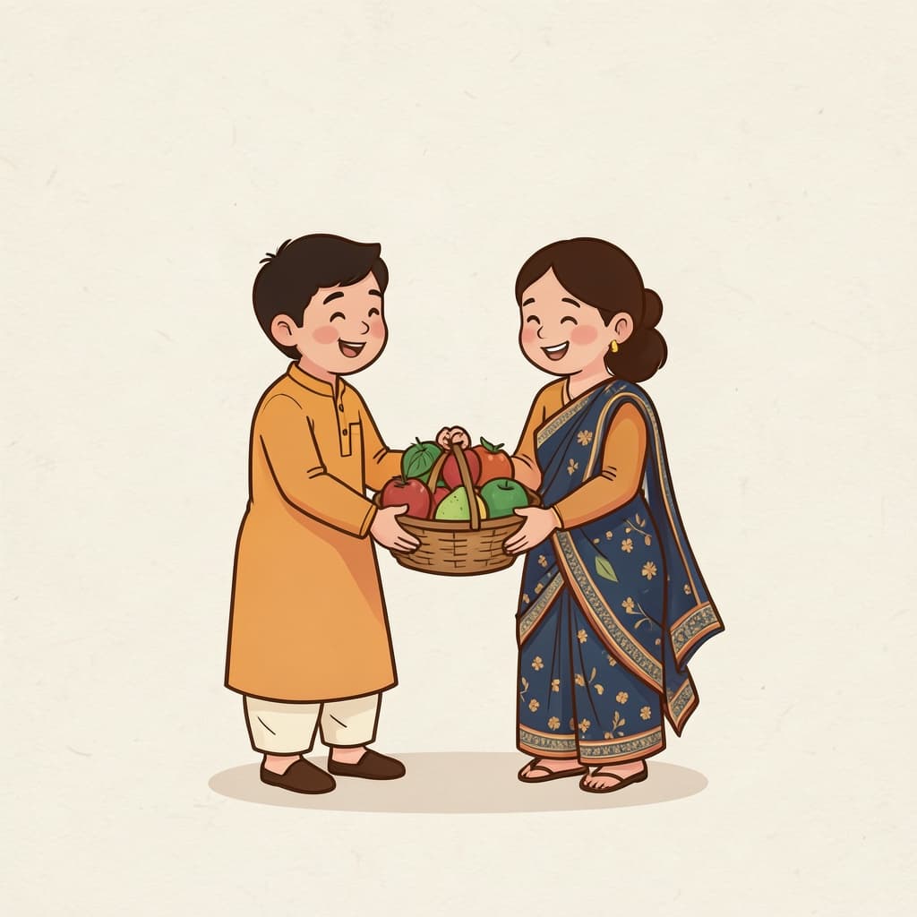 A girl receiving a basket of fruit as a gift, delighted.