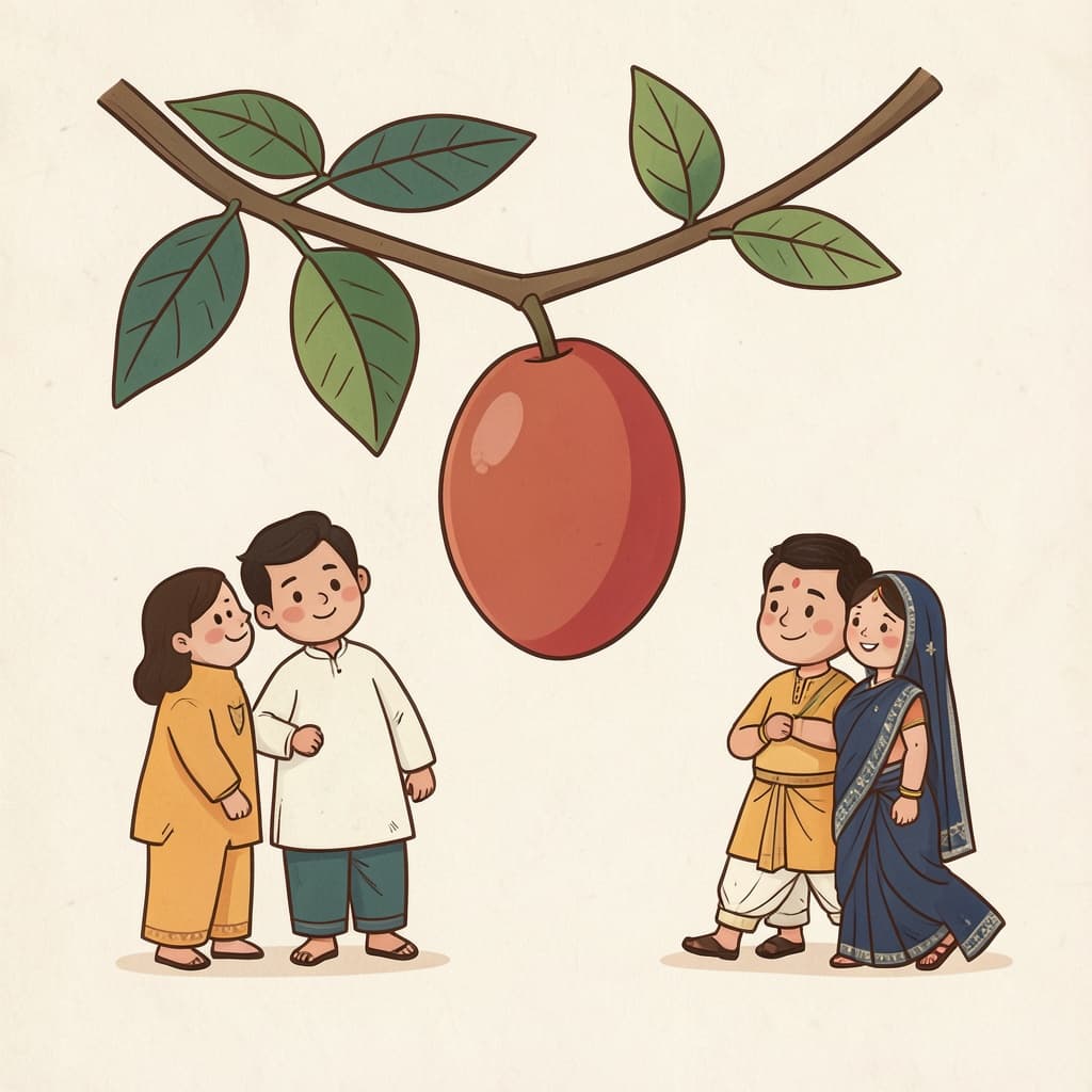 A ripe mango falling from a tree branch.