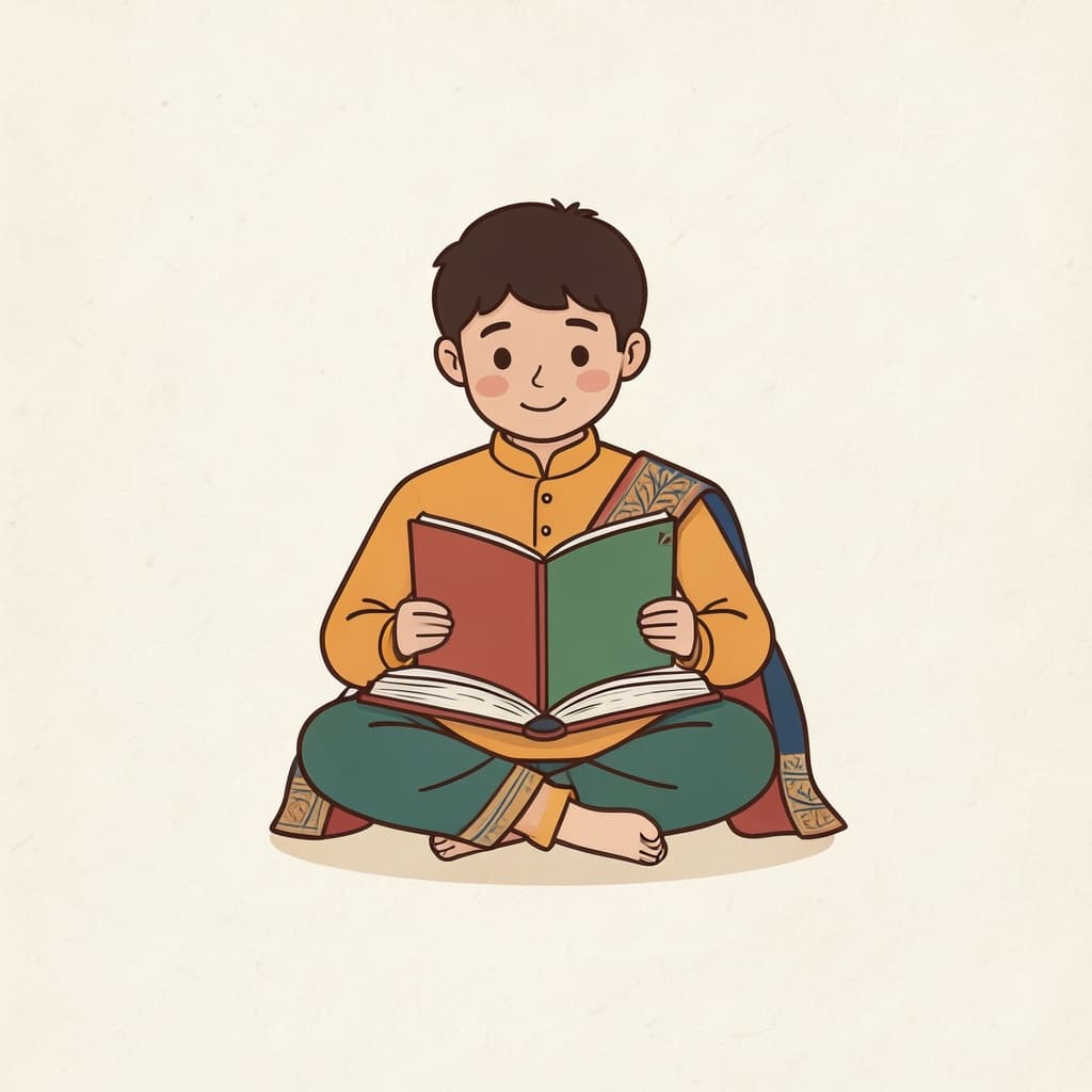 पढ (पढ़ना · to read): A boy sitting cross-legged reading an open book.