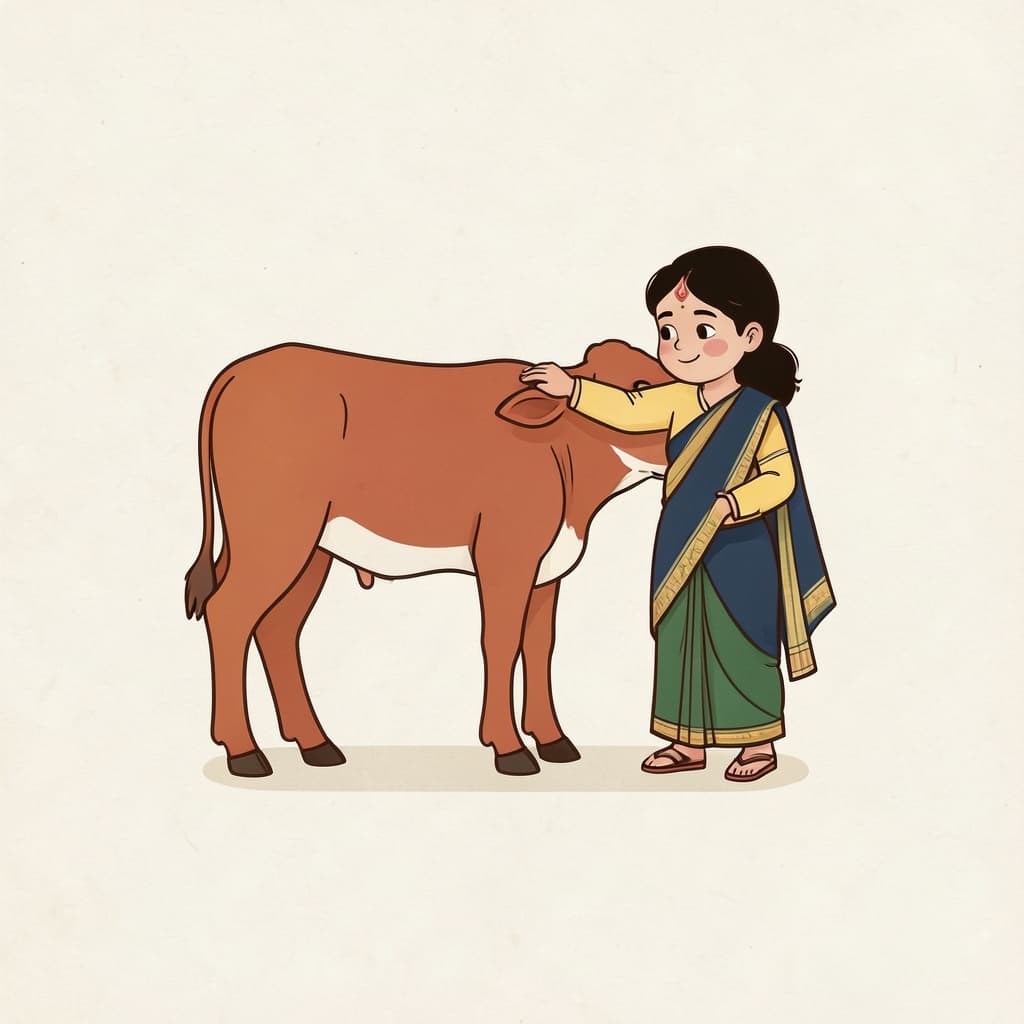 फास (छूना · to touch): A child gently touching the head of a calf.
