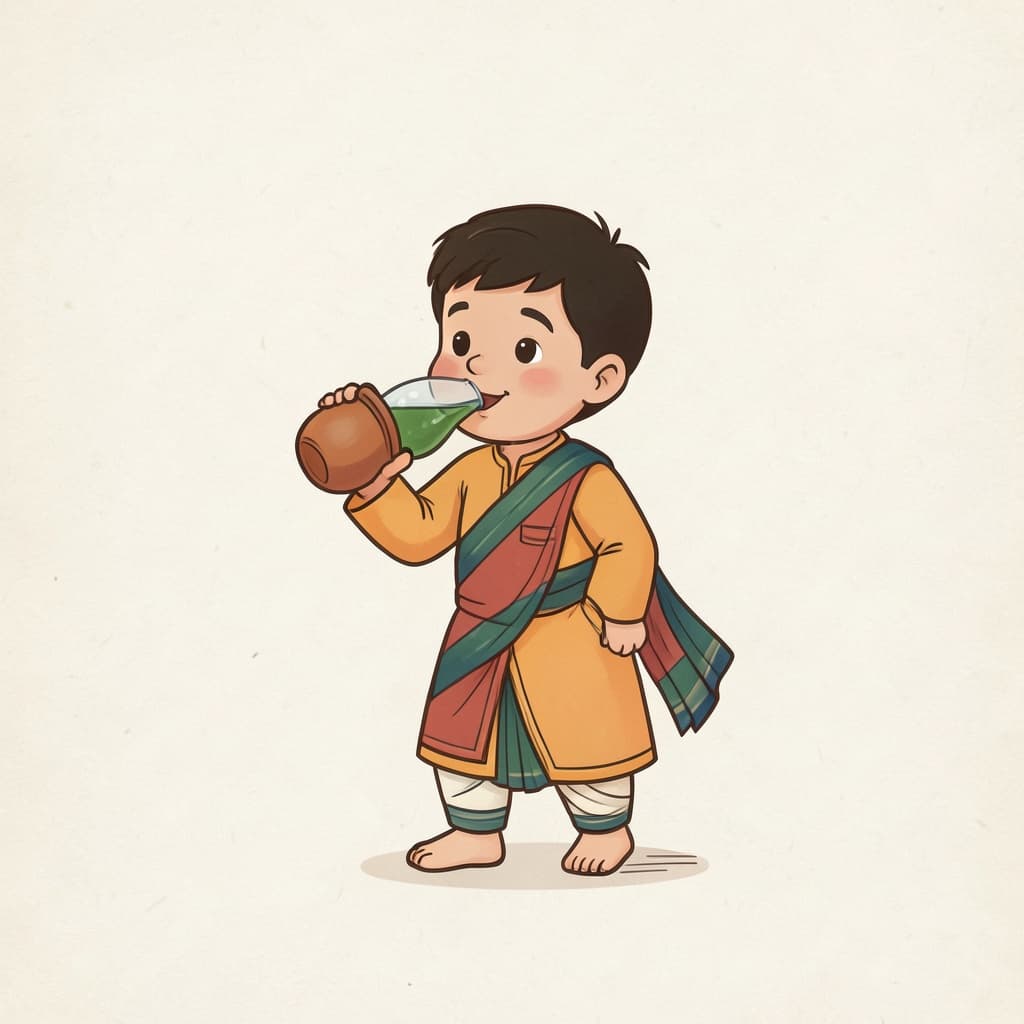 A boy drinking water from a clay pot.
