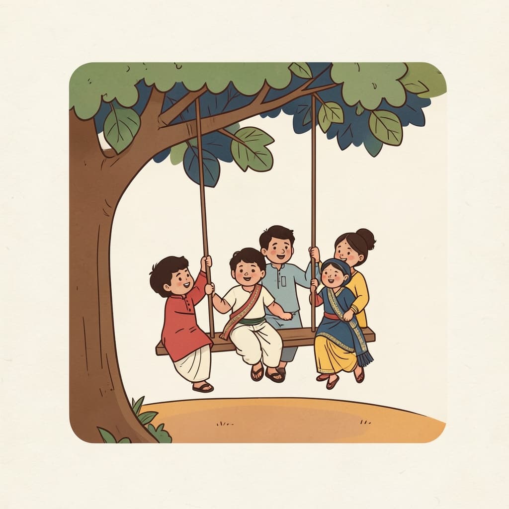 रम (रमण करना · to enjoy): Children enjoying themselves on a swing hanging from a tree.