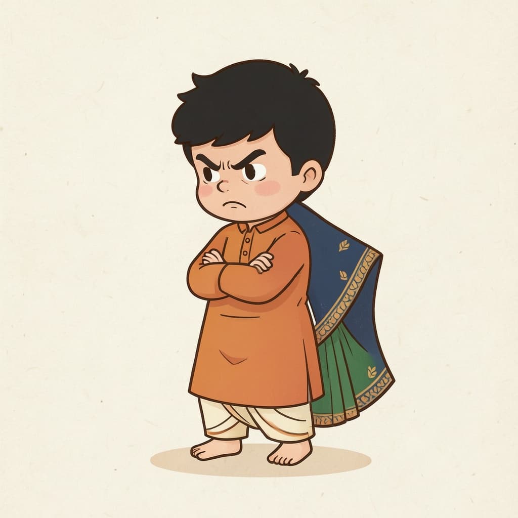 An angry child with crossed arms, frowning and turned away.