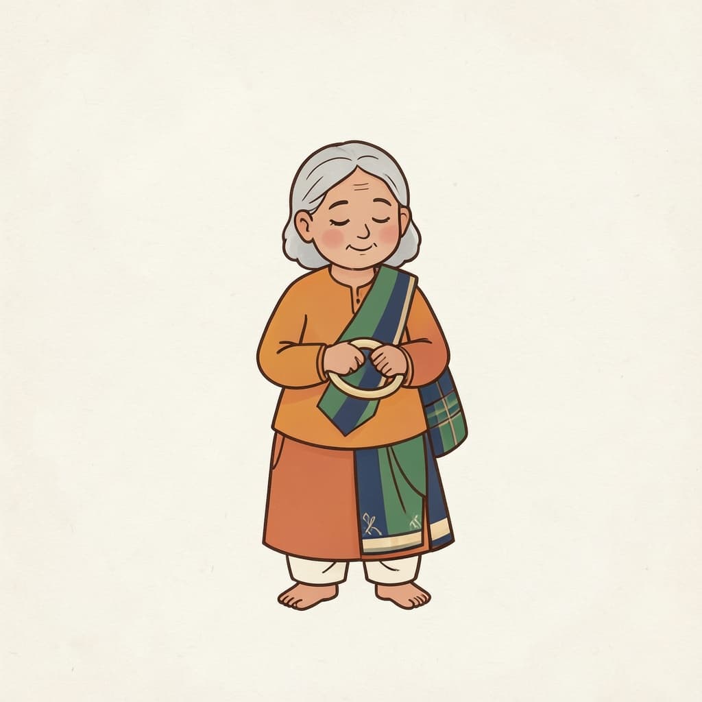 An old woman with closed eyes remembering, gently holding a bangle.