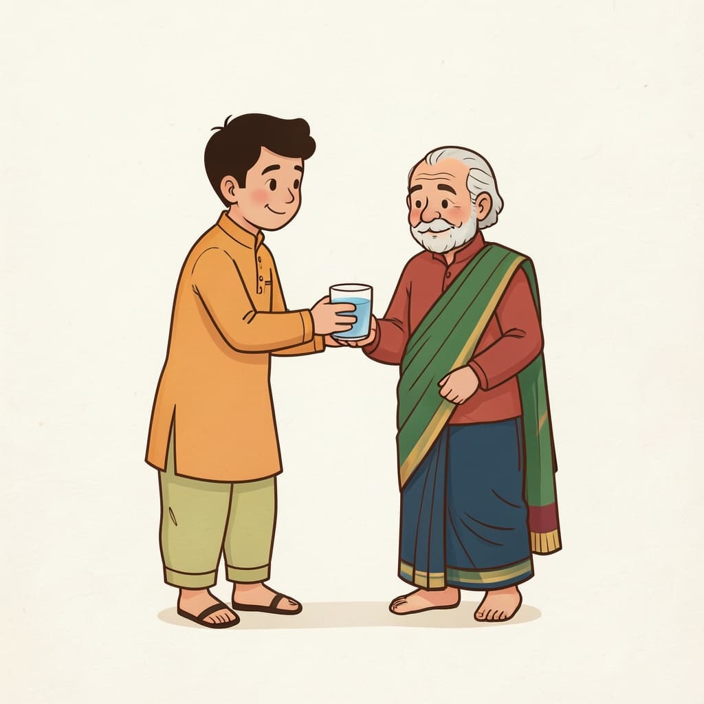 सेव (सेवा करना · to serve): A young man serving a cup of water to an old man.