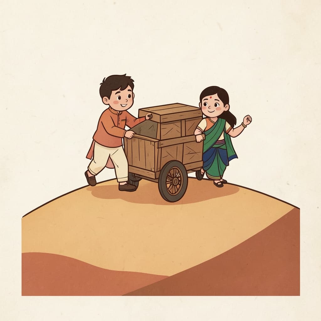 A boy pushing a heavy cart up a hill with great effort.