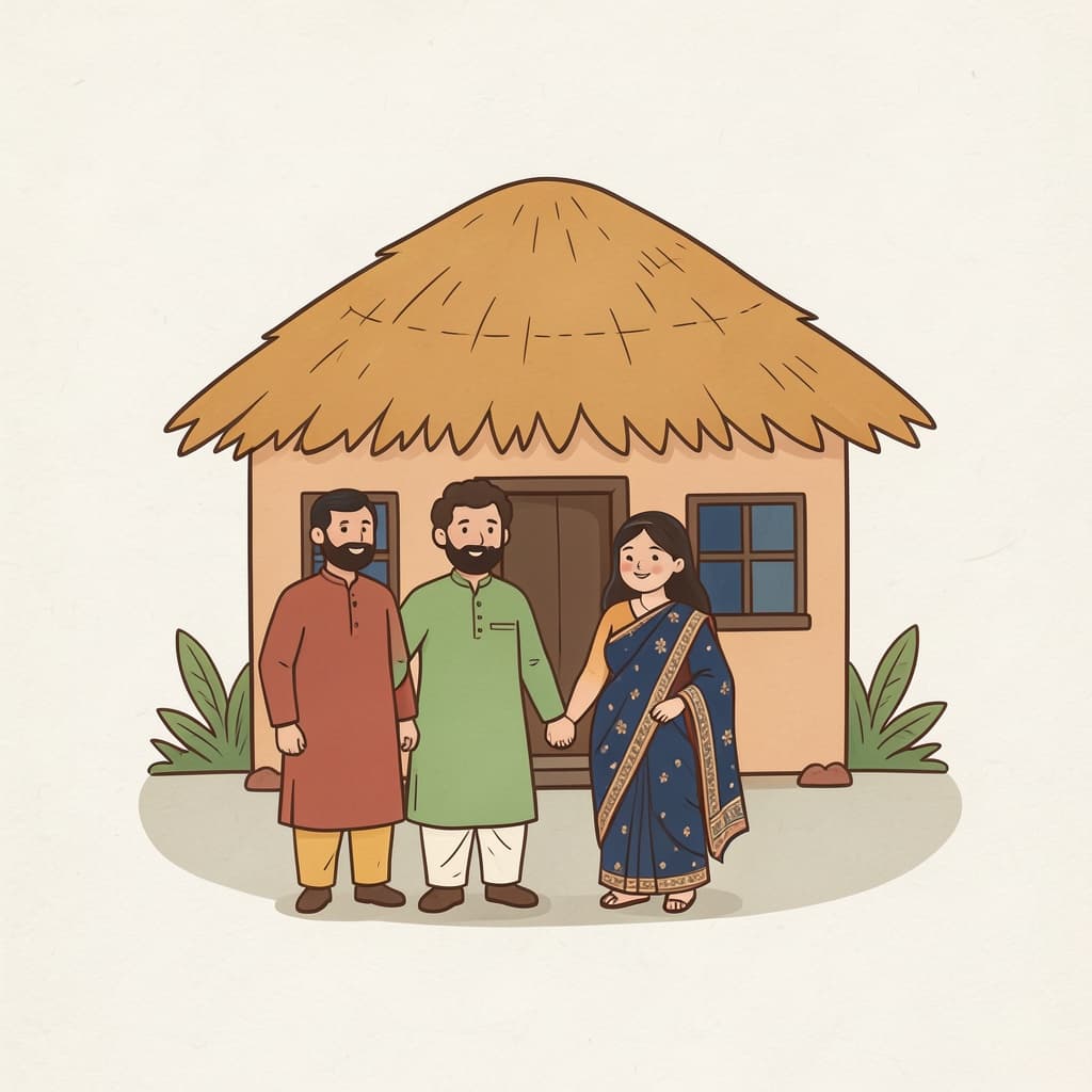 A family standing in front of their small home with a thatched roof.