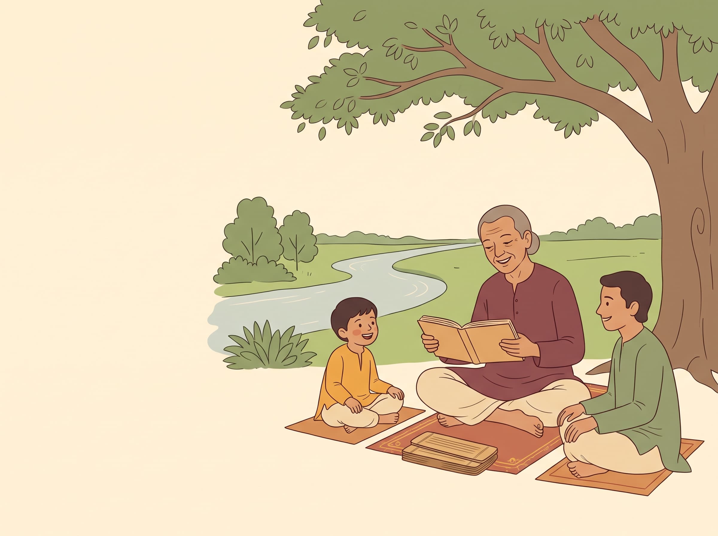 पेड़ के नीचे गुरु एक बच्चे और एक वयस्क को ताड़पत्र से पढ़ा रहे हैं · A teacher reads from a palm-leaf manuscript to a child and an adult under a tree by a river