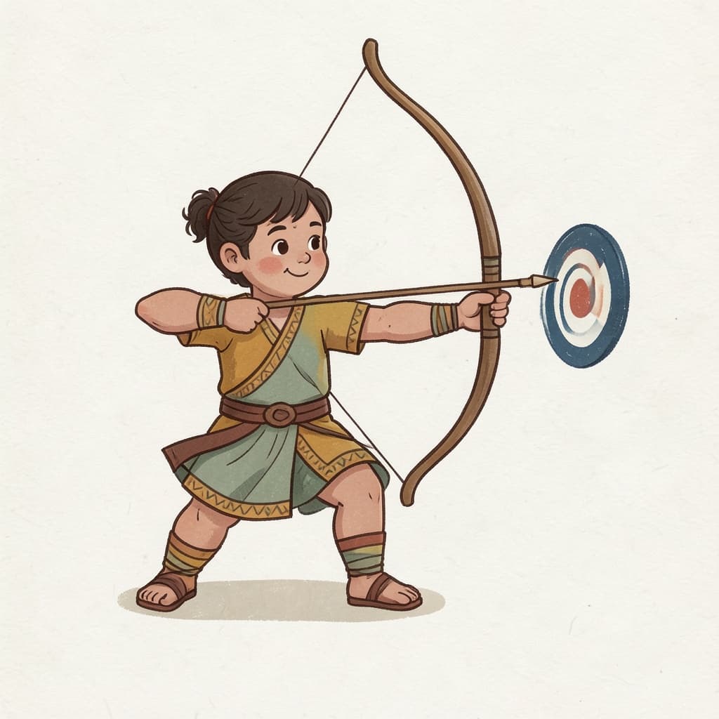 The archer Arjuna drawing a bow, aiming at a target.