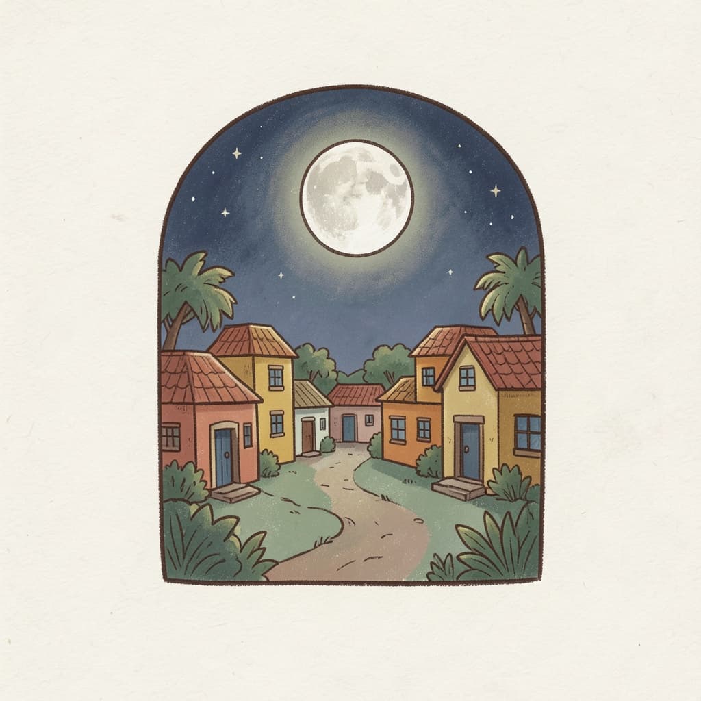 A full moon shining in the night sky over a village.