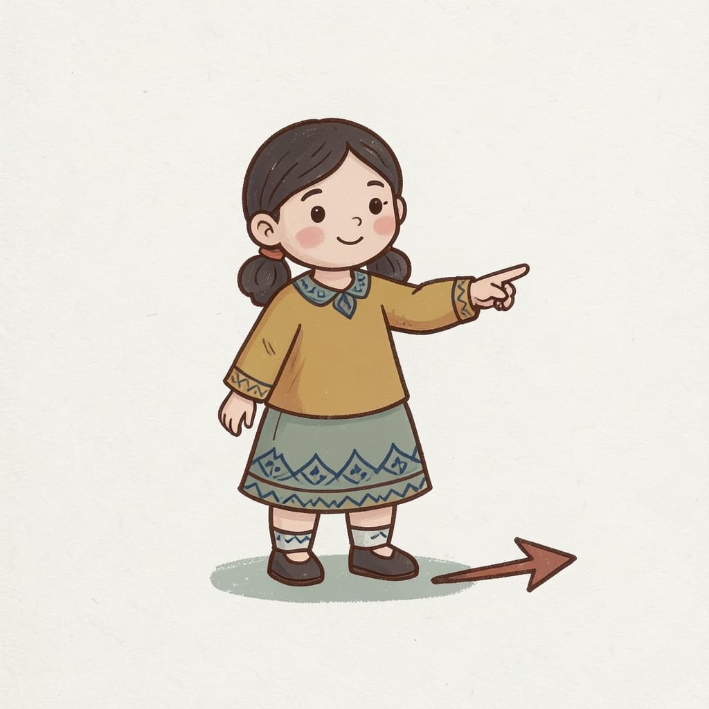 A girl pointing to her right side with an arrow on the ground pointing right.