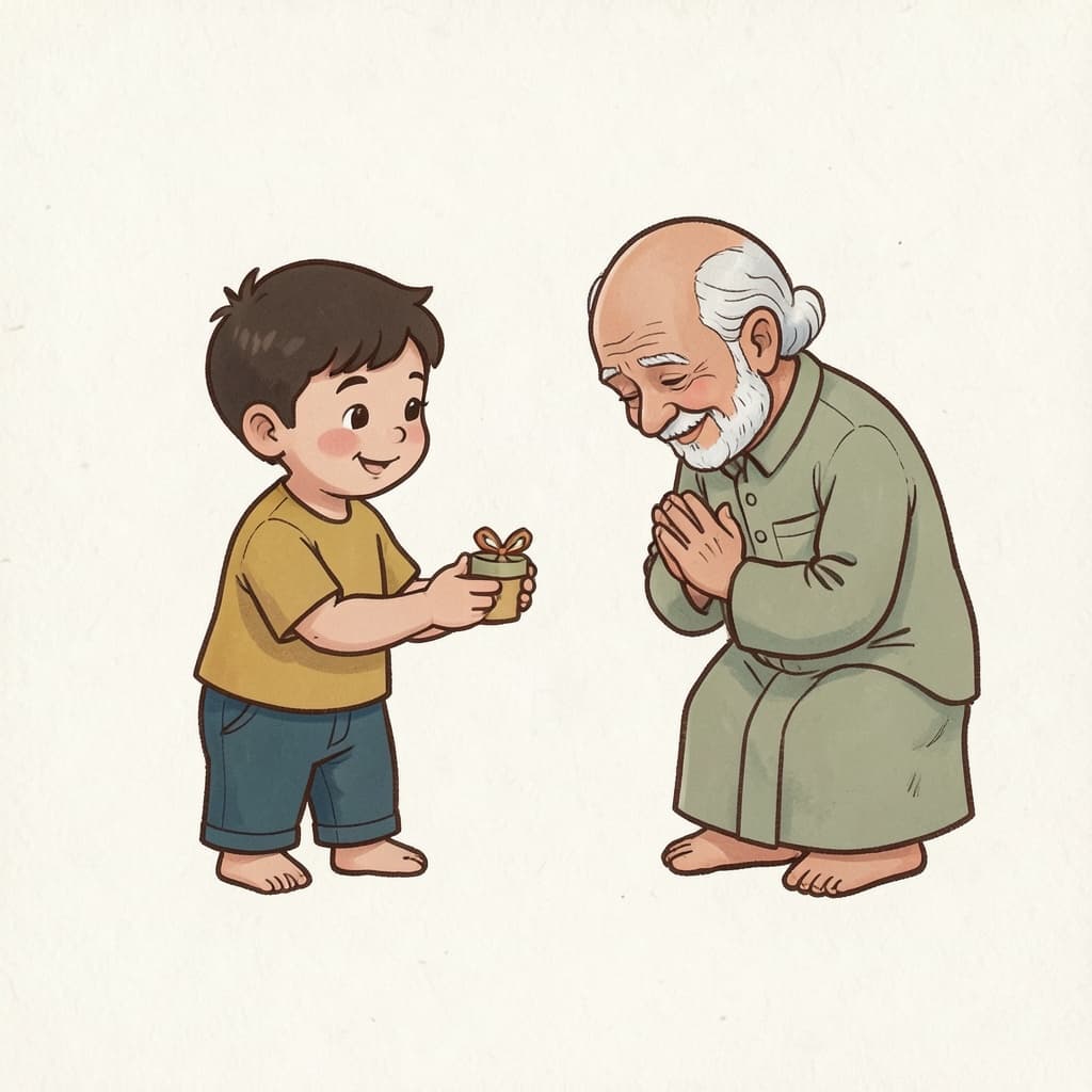 A boy giving a small gift to an old man who bows his head with folded hands, both smiling gratefully.