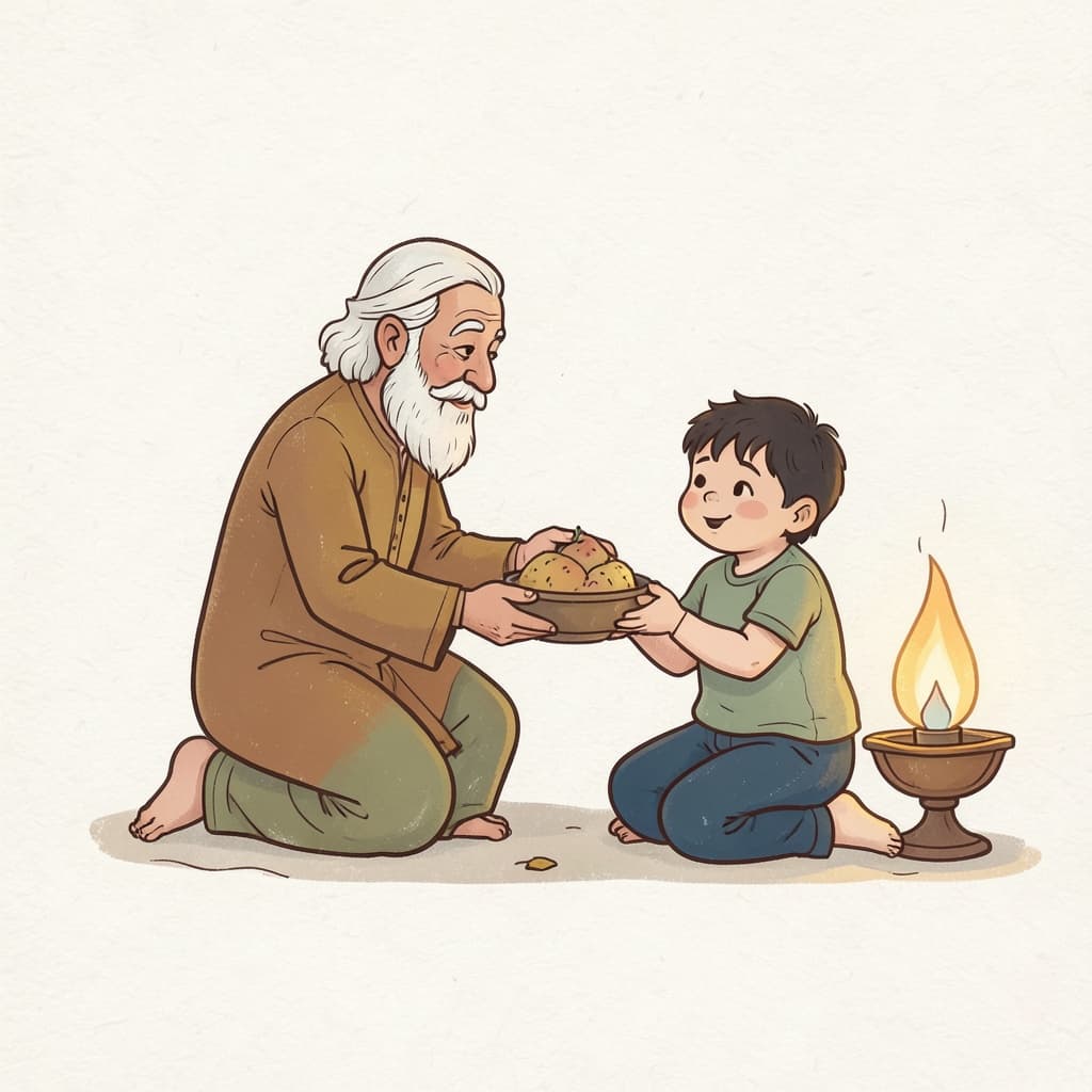 A wise old man giving food to a hungry child, a calm lamp burning nearby.