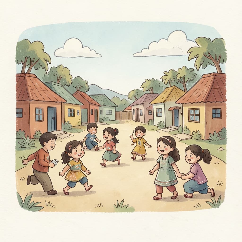 A bright sunny day over a village with children playing.
