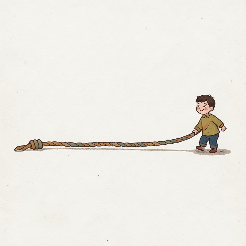 A very long rope stretched across the ground with a small boy at one end.
