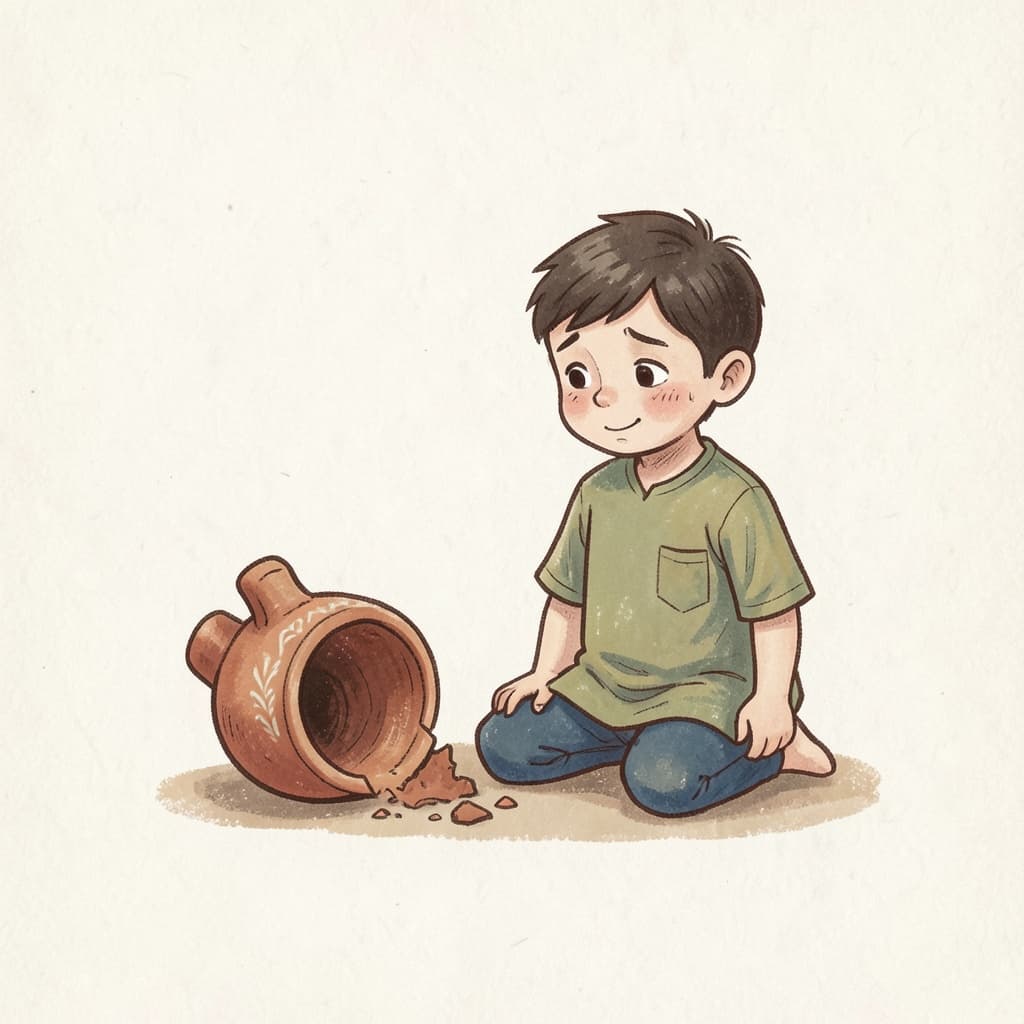 A broken clay pot on the floor and a sorry looking boy.