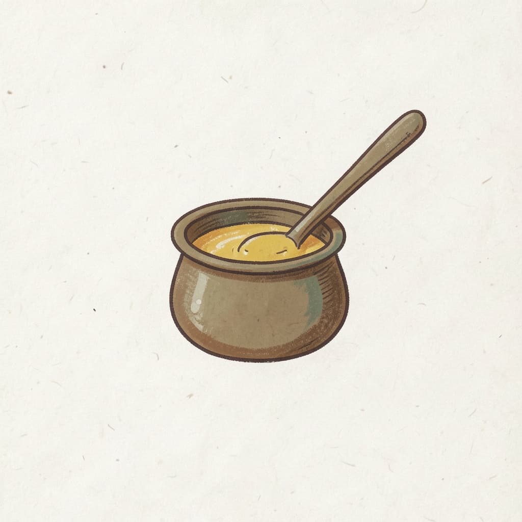 A small brass pot of golden ghee with a spoon.