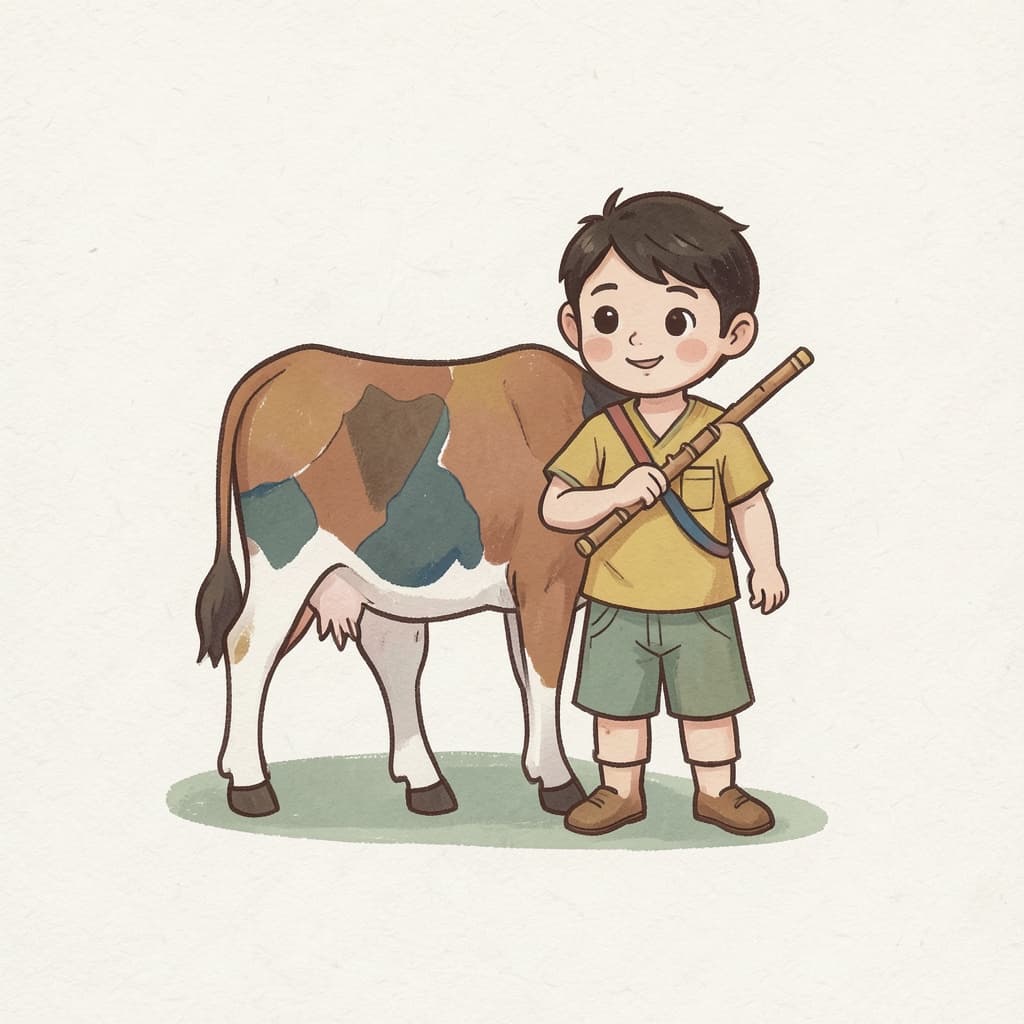 A young cowherd boy with a flute standing with a cow.
