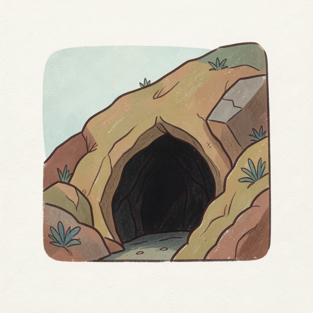 A dark cave opening in a rocky hillside.