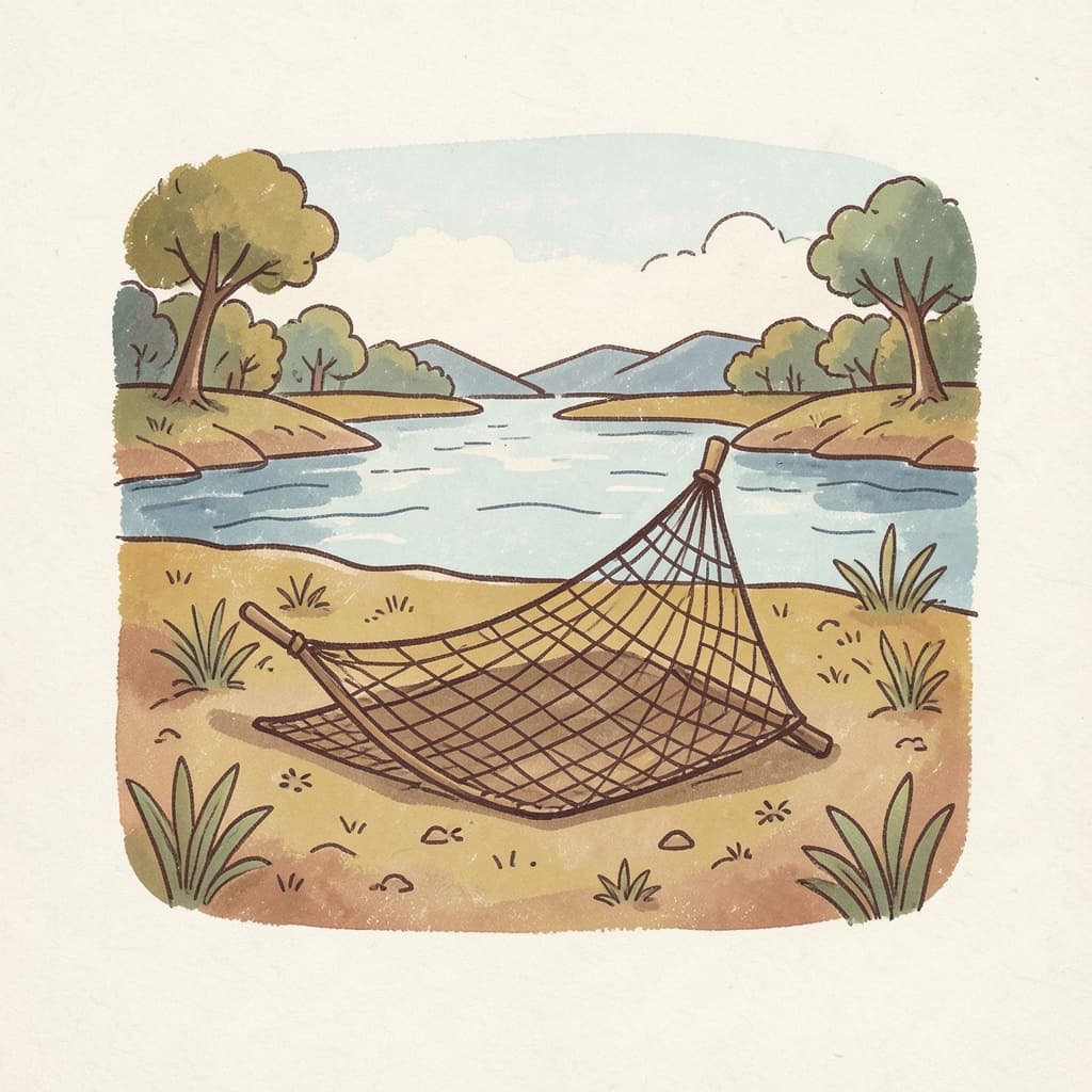 A fishing net spread out on the riverbank.