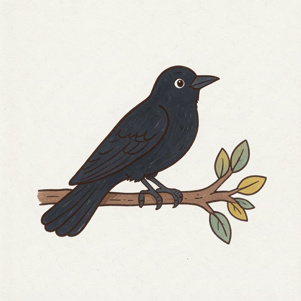 A black crow perched on a branch.
