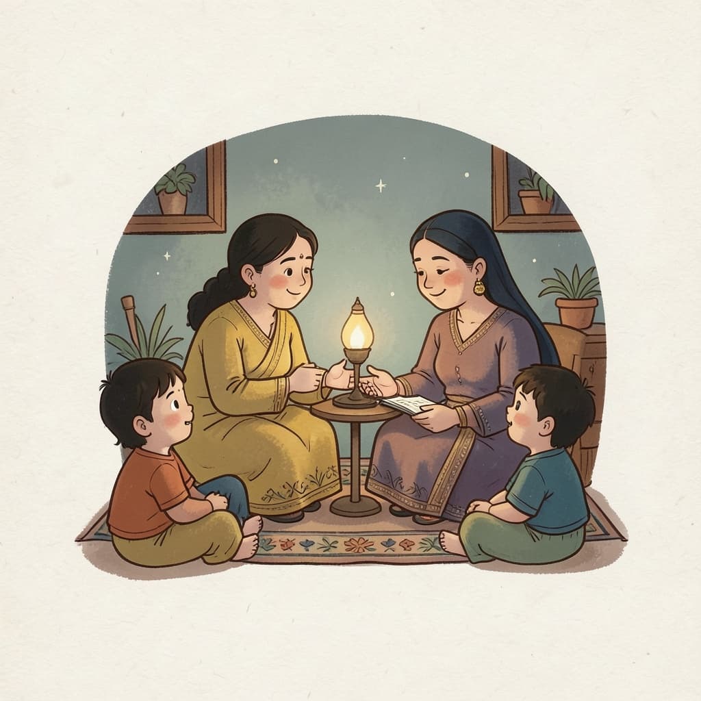 A grandmother telling a story to children sitting around her at night by a lamp.