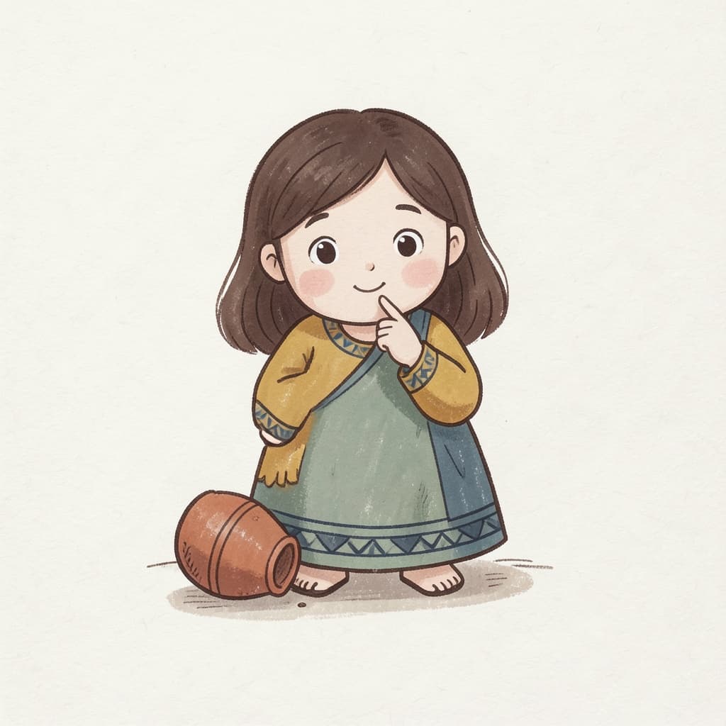 A curious girl with a question look, finger on her chin, looking at a fallen pot.