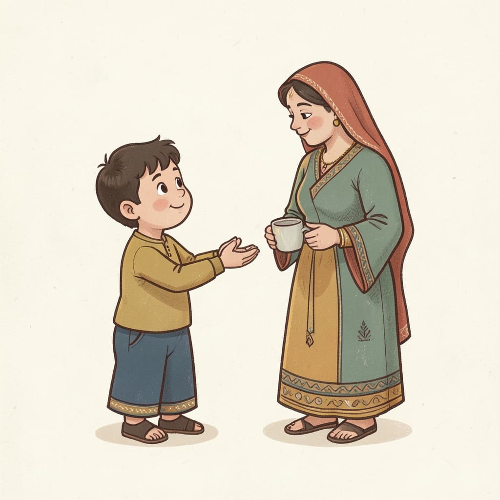 A small boy holding out his cupped hands politely to his mother, asking for something.