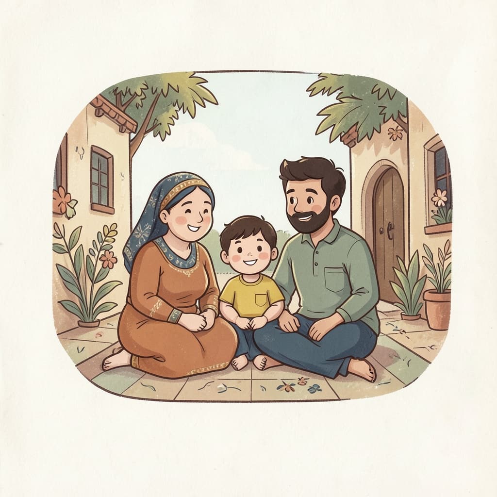 A healthy happy family of grandmother, father and child sitting together in a sunny courtyard.
