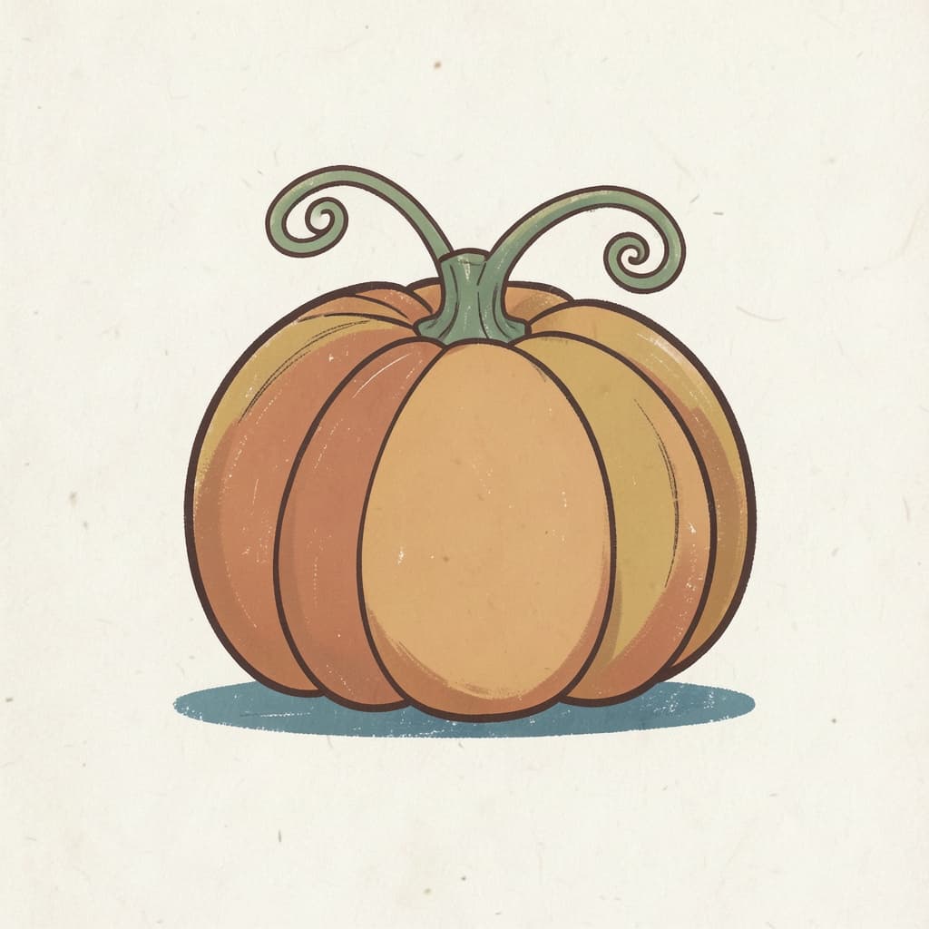 A big round orange pumpkin with a curly vine.