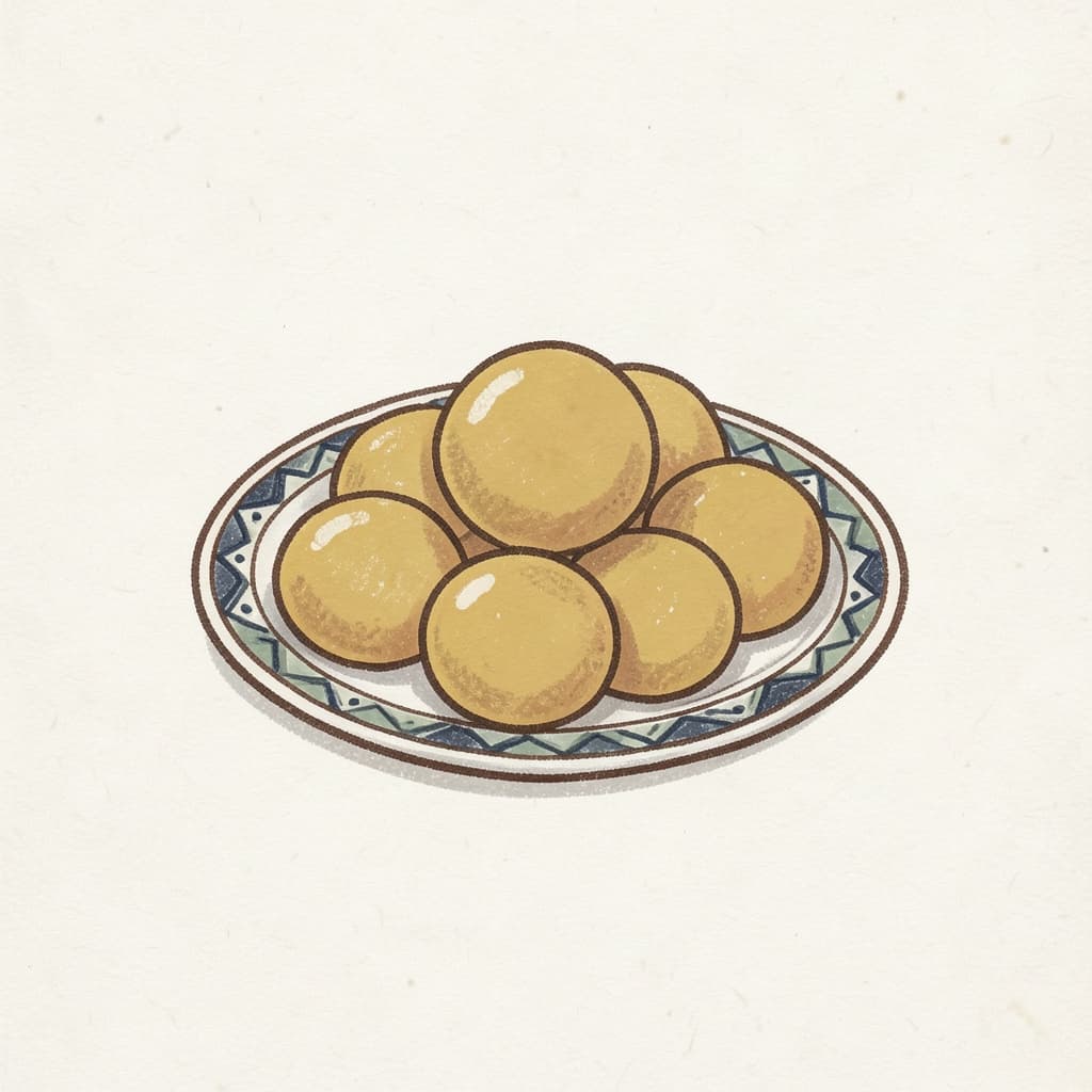 A plate of round yellow laddu sweets.