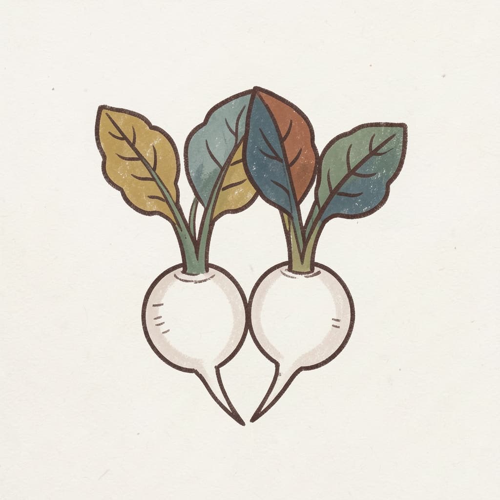 Two white radishes with green leaves.