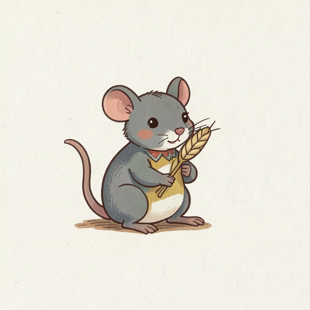 A small grey mouse holding a grain of wheat.