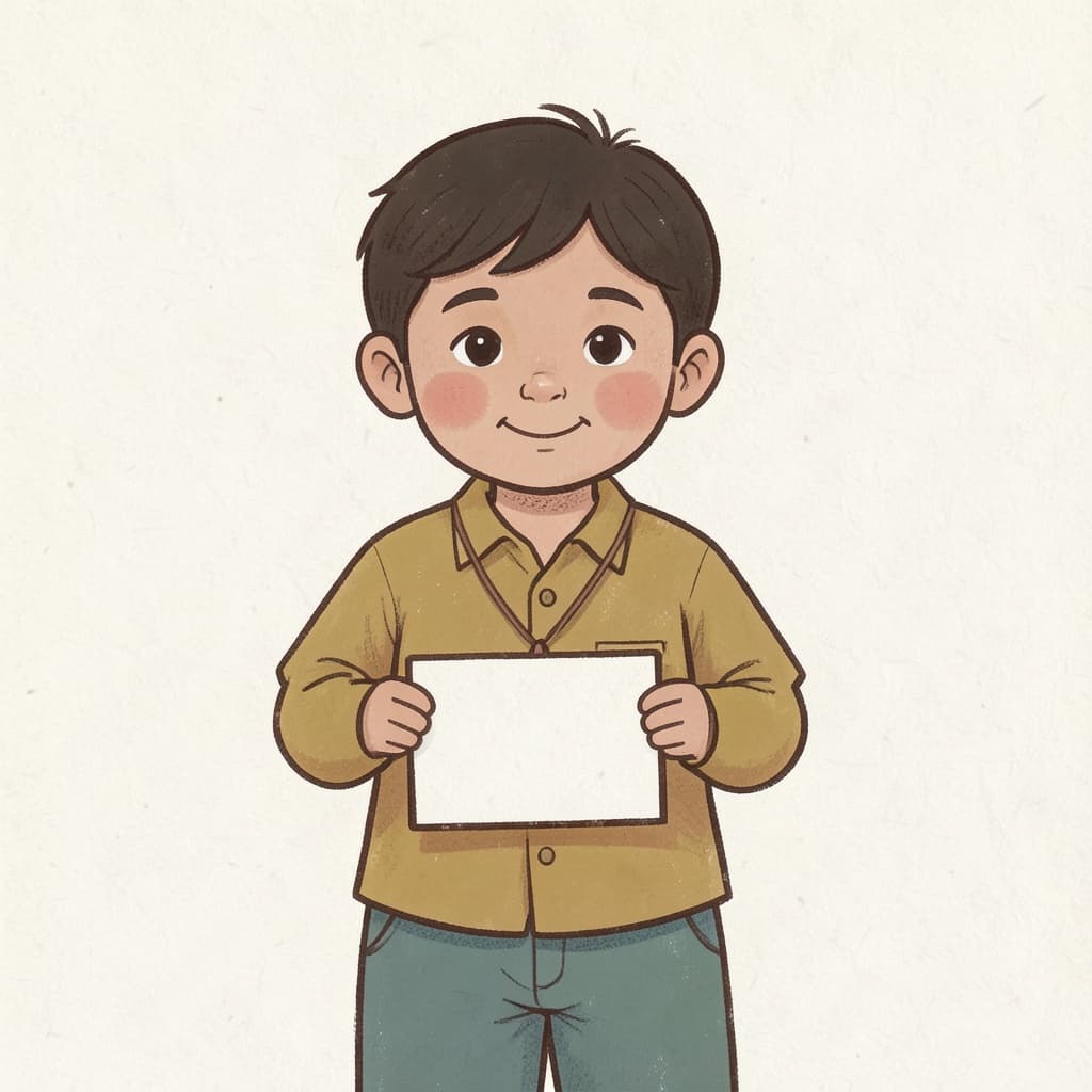 A child holding a blank name card on a string around the neck.