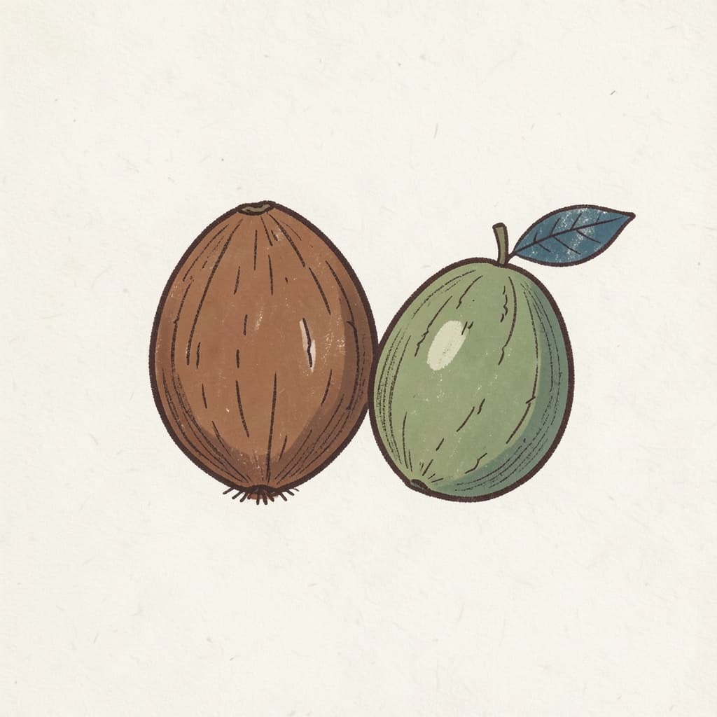A brown coconut and a green coconut with a leaf.