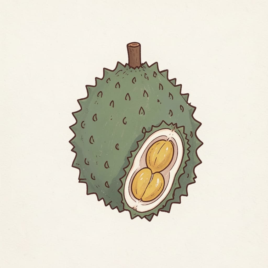 A large green spiky jackfruit, one piece cut open showing yellow pods.