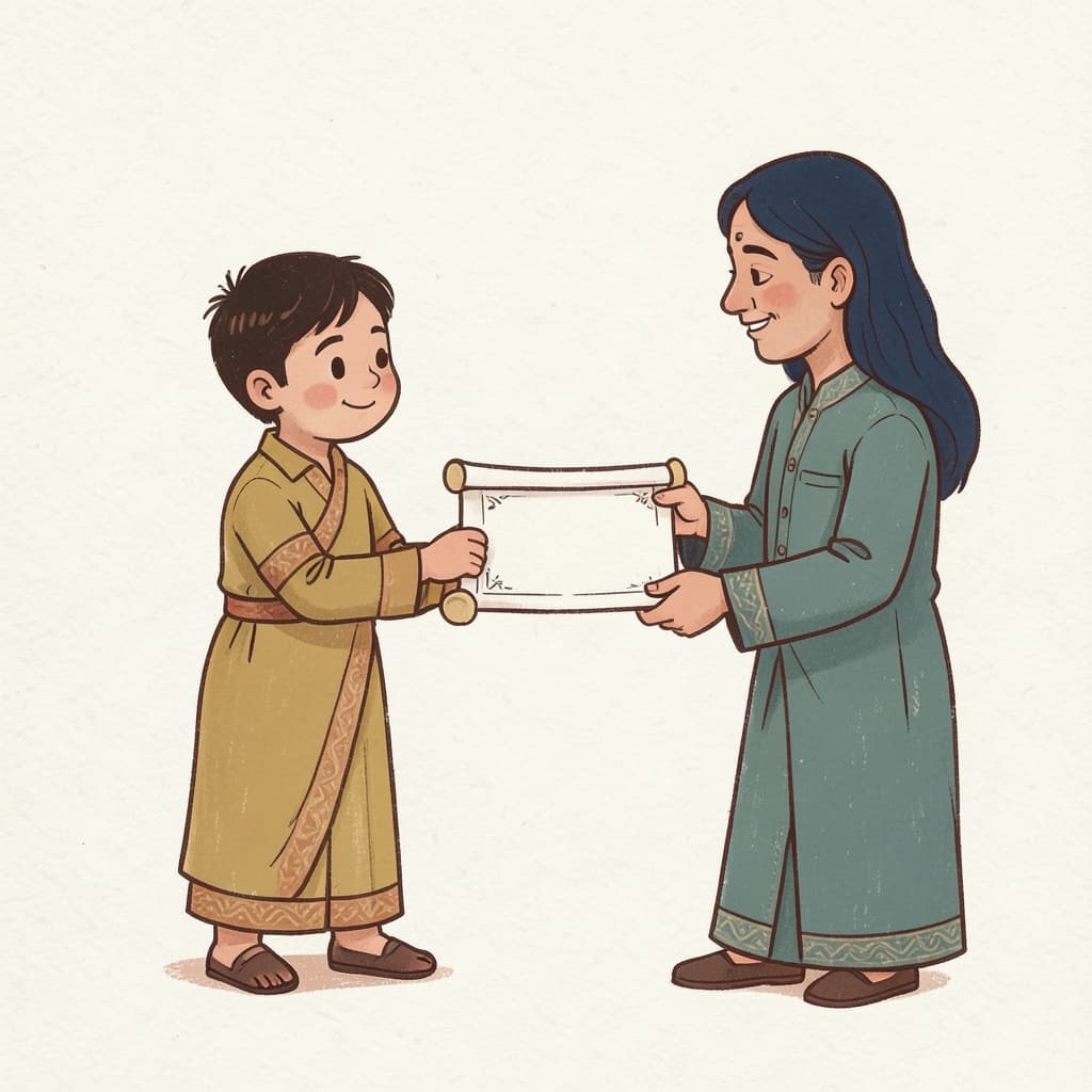 A student receiving a certificate scroll from a teacher.